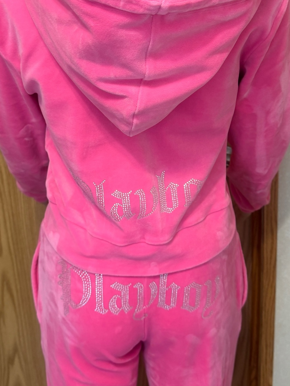 PLAYBOY Women’s 2 Piece Hot Pink Velour Set Rhinestones